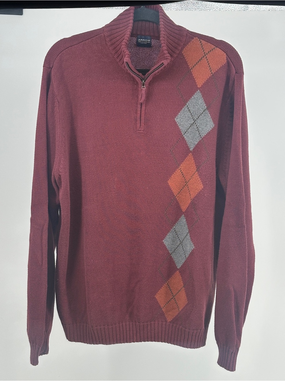 Arrow Men's Medium Maroon Quarter-Zip Sweater with Orange Gray Argyle Mock Neck